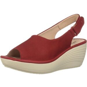 Clarks Reedly Shaina Red Open-Toe Nubuck Slingback Wedge Sandals Women Size 8